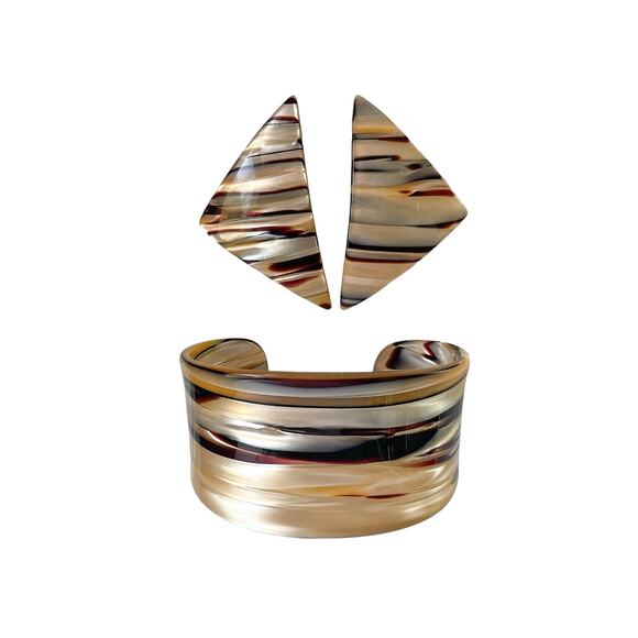 1990s Cellulose Acetate  Dark & Golden Brown Cuff Bracelet Triangle Earrings - Picture 1 of 7